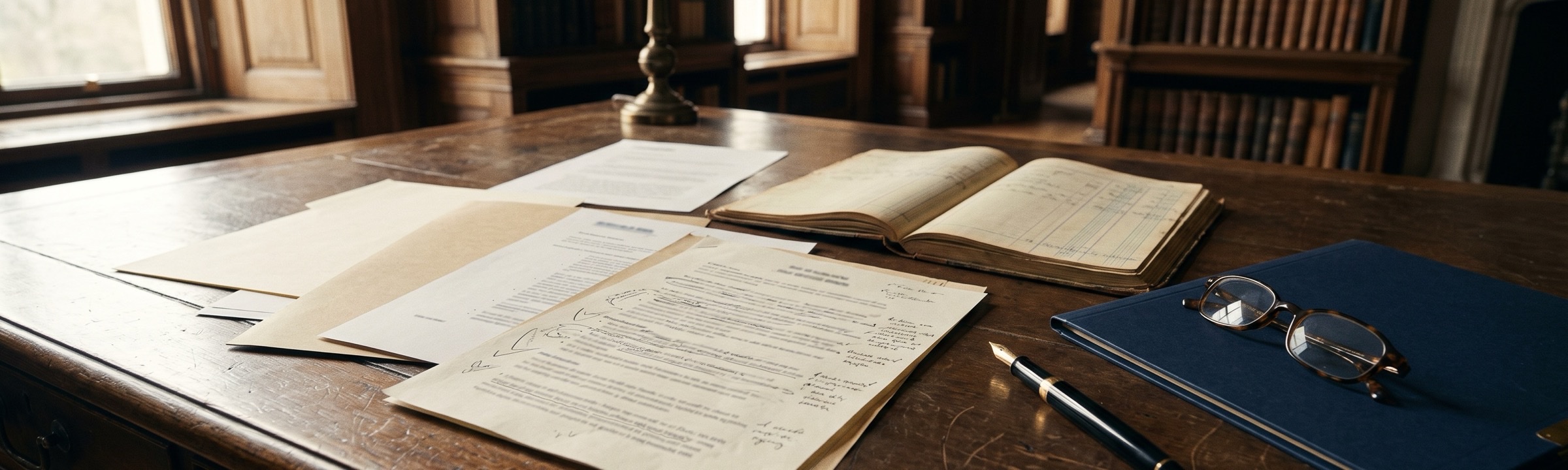 Printed deal materials, a marked-up memo, and an archival ledger on a library table in warm window light